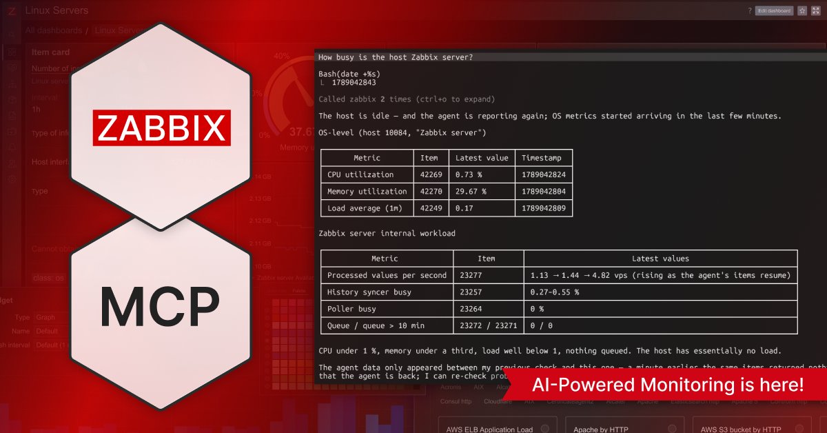 zabbix's tweet photo. What if you could manage Zabbix by simply asking your AI assistant? With the new Zabbix MCP server, AI can query data, investigate issues, manage problems and maintenance, and more - all while keeping access controls in place. Find out more: https://t.co/VmdVQYmzvr https://t.co/ZLcx8JaoSR