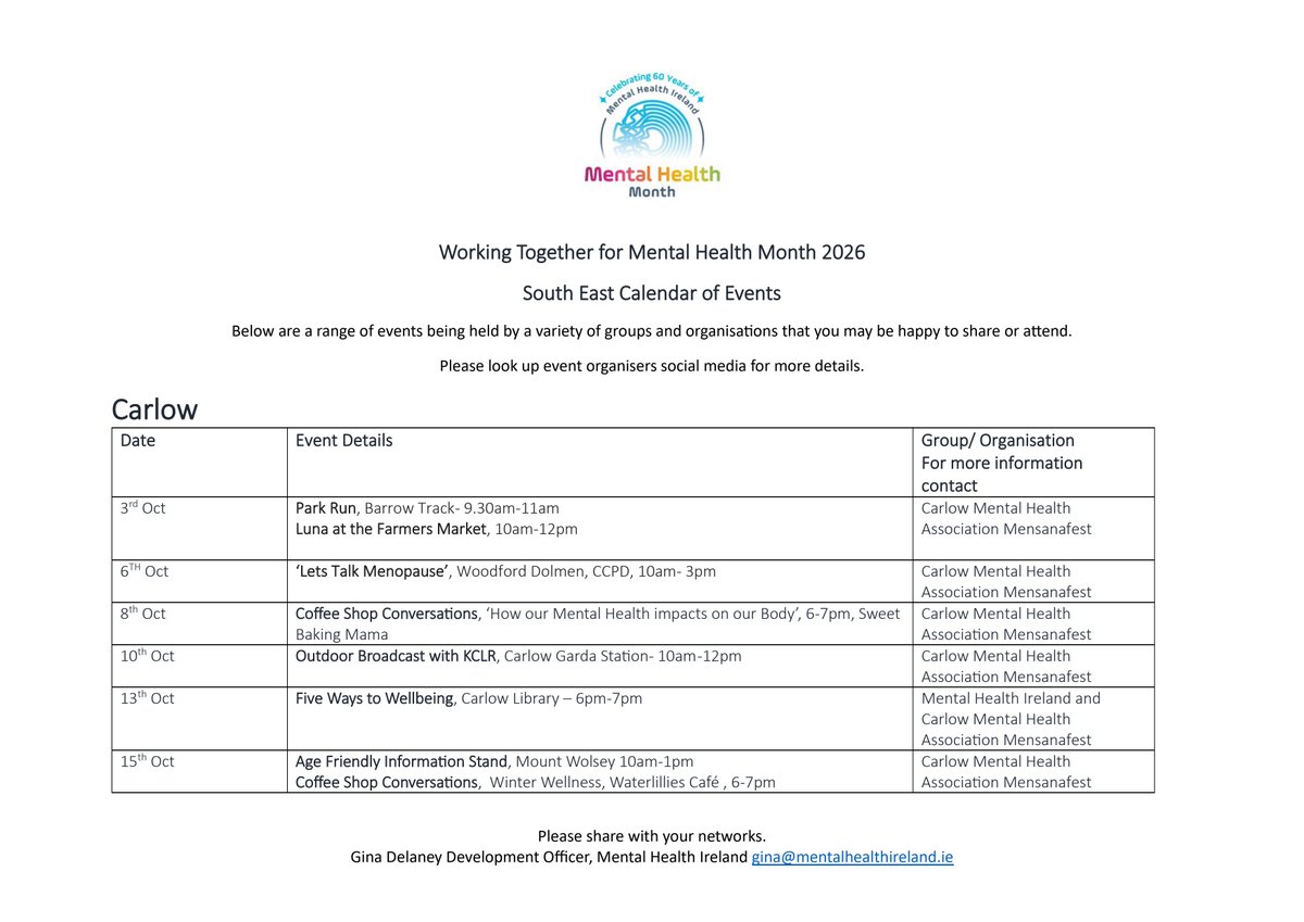 RecoverySe's tweet photo. Mental Health Month 2026 is on across Carlow, Kilkenny, Tipperary, Waterford &amp; Wexford   Check the South East calendar of events and join one near you. #MentalHealthMonth https://t.co/5kfEBCfZVA