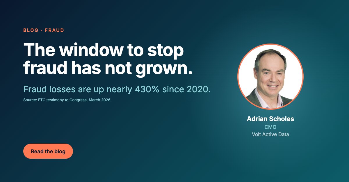 VoltActiveData's tweet photo. The window to stop fraud has not grown.
FTC to Congress: $15.9B in reported fraud losses in 2025, up nearly 430% since 2020.  Detection after settlement is just accounting.
Adrian Scholes, CMO, on the decision window: 
https://t.co/5WIBBWNETO
#FraudPrevention #FinTech https://t.co/NoZpau2jOM
