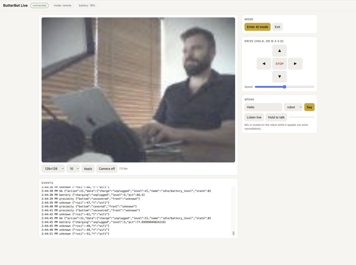 here4dopamine's tweet photo. @circuitmess Created a control plane for the Butterbot to control it from any PC or AI (MCP server included) i.e. pressed the camera button enough minutes so you don't have to. Sources available here https://t.co/x5OEUv5YqJ https://t.co/jAK88xogBj