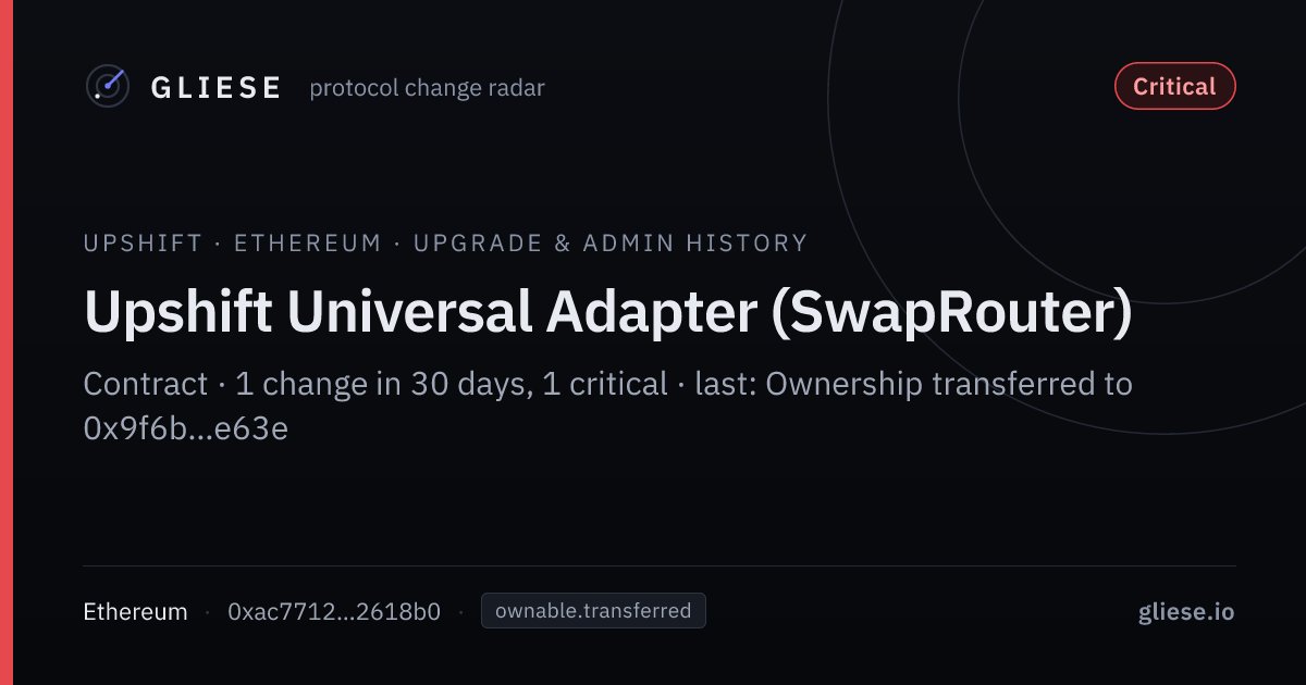 glieseio's tweet photo. Upshift Universal Adapter (SwapRouter) on Ethereum changed owner.
Owner: 0x977a…0a4d → 0x9f6b…e63e
https://t.co/kj7i3BL8qy https://t.co/eoFOulF2rj