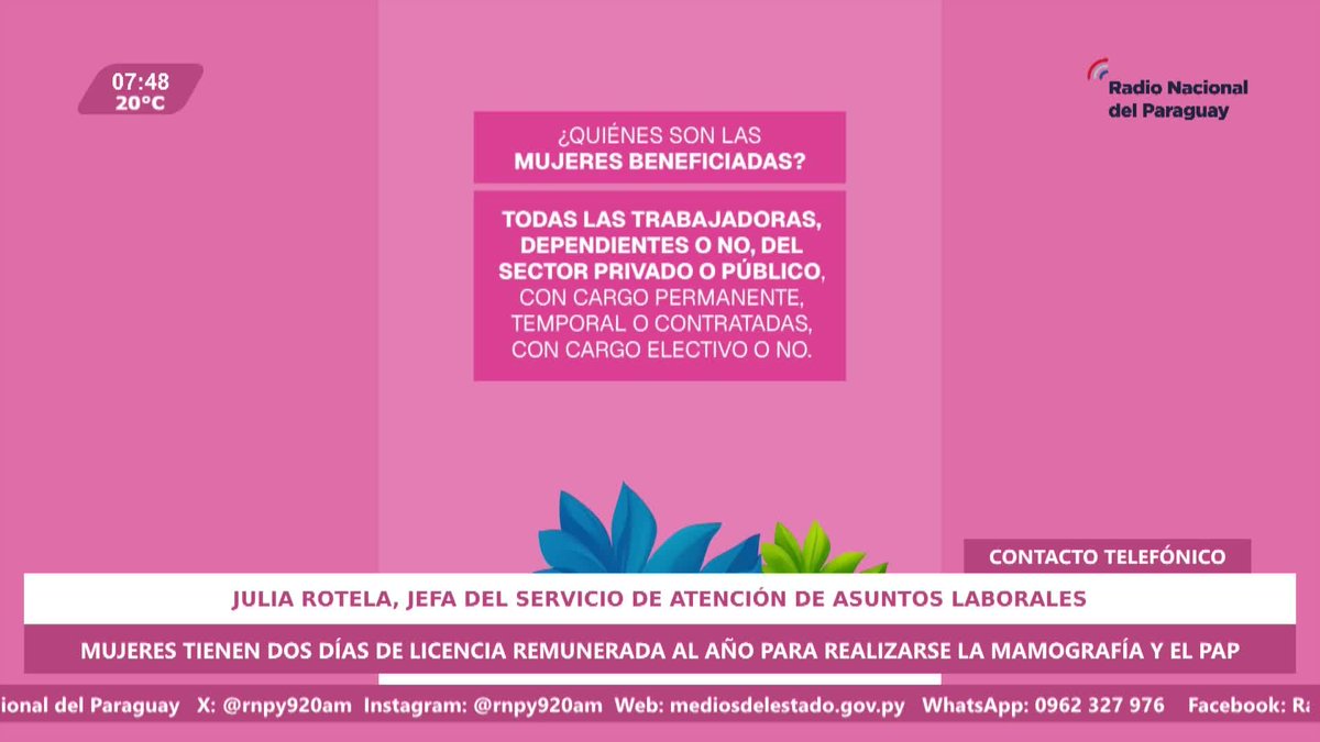 rnpy920am's tweet photo. #DuplexNacional Conversamos con 🗣️ Julia Rotela, jefa del Servicio de Atención de Asuntos Laborales de la Dirección General de Promoción a la Mujer Trabajadora
🔹Las Mujeres trabajadoras, tienen dos días de licencia remunerada al año para realizarse la mamografía y el PAP https://t.co/Wyt6GRZnPc