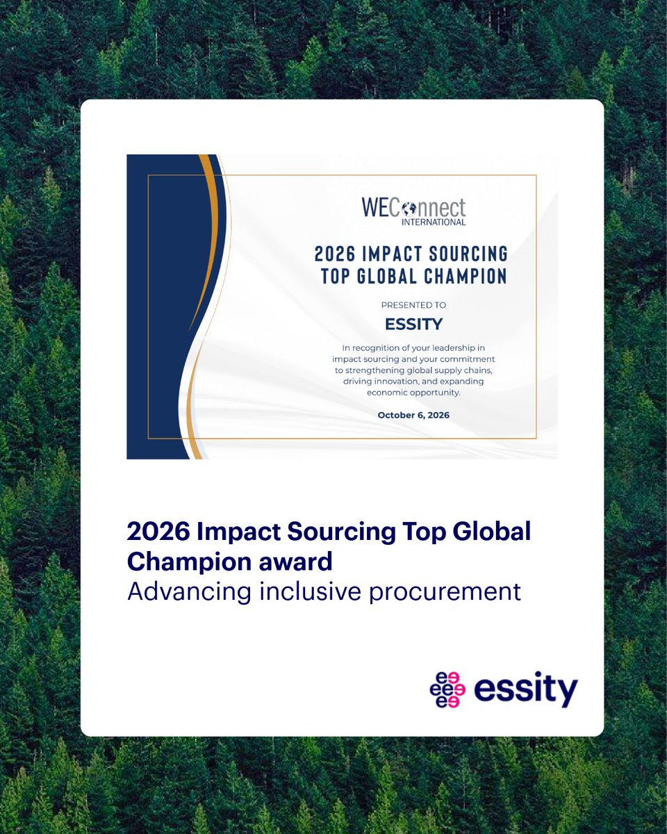 essity's tweet photo. Essity named a 2026 Impact Sourcing Top Global Champion by @WeConnectInfoT. 🌍 For the second year in a row, we’re one of just 24 companies globally recognized for advancing inclusive procurement.  Learn more: https://t.co/PugU88rf45 https://t.co/Qds68KEC8g