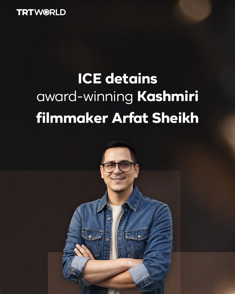 trtworld's tweet photo. Kashmiri filmmaker Arfat Sheikh has been unlawfully detained by ICE at Washington Dulles since September 24, according to the Free Arfat Sheikh Campaign.  

Sheikh, director of the award-winning film ‘Saffron Kingdom’, has resided in the US since 2019 and is authorised to live and work there