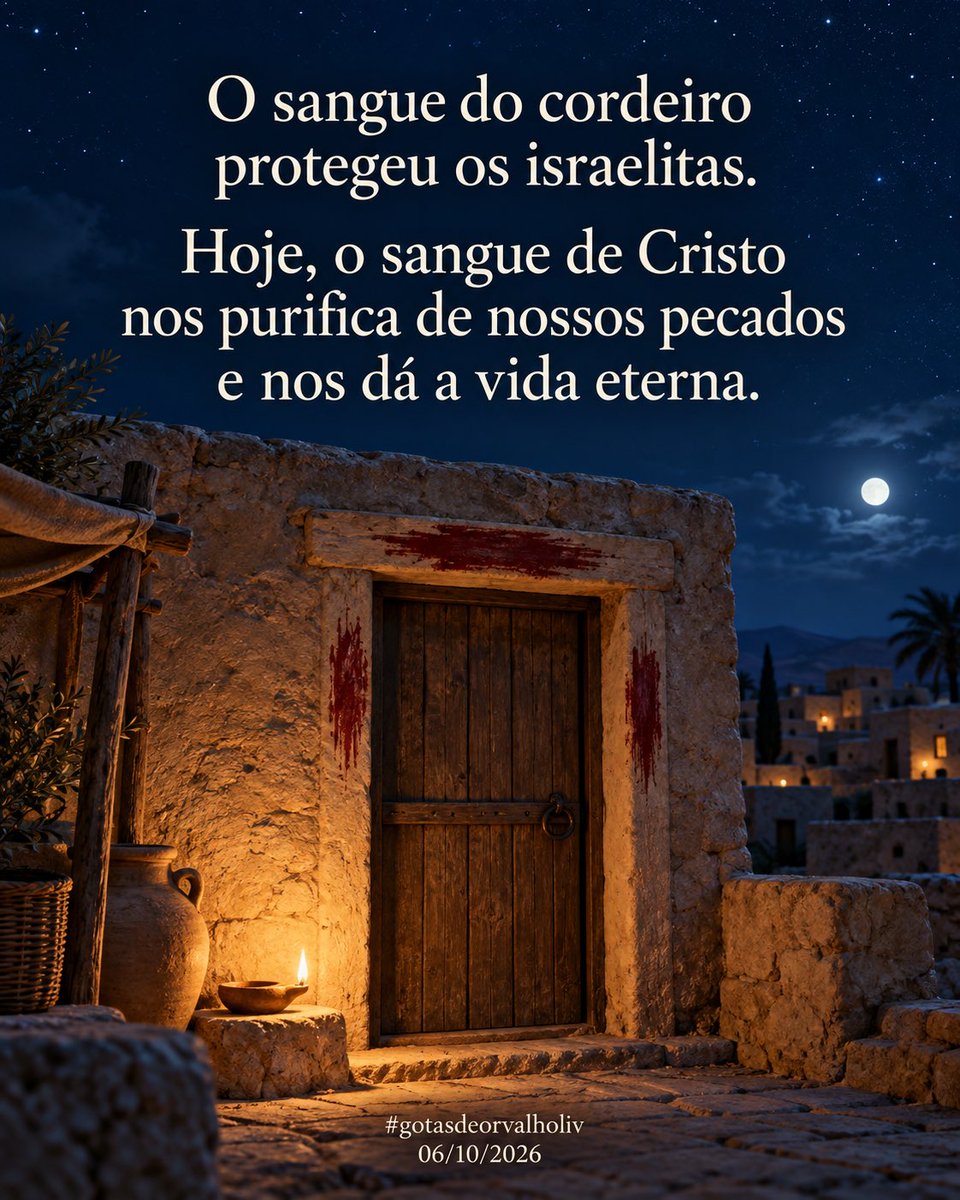RolfHartmannBnu's tweet photo. Na Páscoa do Êxodo, o sangue do cordeiro foi sinal de proteção. Em Cristo, nosso Cordeiro pascal, encontramos perdão e a esperança da vida eterna. Seu sacrifício nos convida a viver com fé e gratidão.

𝗢 𝘀𝗮𝗻𝗴𝘂𝗲 𝗱𝗼 𝗰𝗼𝗿𝗱𝗲𝗶𝗿𝗼 𝗽𝗿𝗼𝘁𝗲𝗴𝗲𝘂 𝗼𝘀 𝗶𝘀𝗿𝗮𝗲𝗹𝗶𝘁𝗮𝘀. 𝗛𝗼𝗷𝗲, 𝗼 𝘀𝗮𝗻𝗴𝘂𝗲 𝗱𝗲 𝗖𝗿𝗶𝘀𝘁𝗼 𝗻𝗼𝘀 𝗽𝘂𝗿𝗶𝗳𝗶𝗰𝗮 𝗱𝗲 𝗻𝗼𝘀𝘀𝗼𝘀 𝗽𝗲𝗰𝗮𝗱𝗼𝘀 𝗲 𝗻𝗼𝘀 dá 𝗮 𝘃𝗶𝗱𝗮 𝗲𝘁𝗲𝗿𝗻𝗮.

#gotasdeorvalholiv 06/10/2026

Palavra bíblica:

“O sangue será um sinal para indicar as casas em que vocês estiverem; quando eu vir o sangue, passarei adiante. A praga de destruição não os atingirá quando eu ferir o Egito.”

Êxodo 12:13 NVI