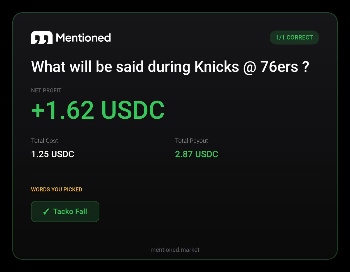 sonofdickkk's tweet photo. I went +$1.62 (1/1) on "What will be said during Knicks @ 76ers ?" 📈 Predicting what gets said live on Mentioned. https://t.co/xLsahn42zb https://t.co/TkyUFFN8rT