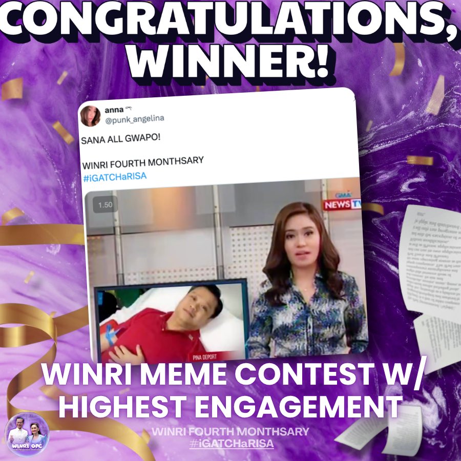 WinRiOFC's tweet photo. Congratulations @fallinforkwan, @punk_angelina, and @ellauvae for winning the #WinRi Meme Contest! 💜💜💜

Claim your WINRI SILA NA fans by messaging @heyltsnotkdg_! https://t.co/E8s9J8XEyF