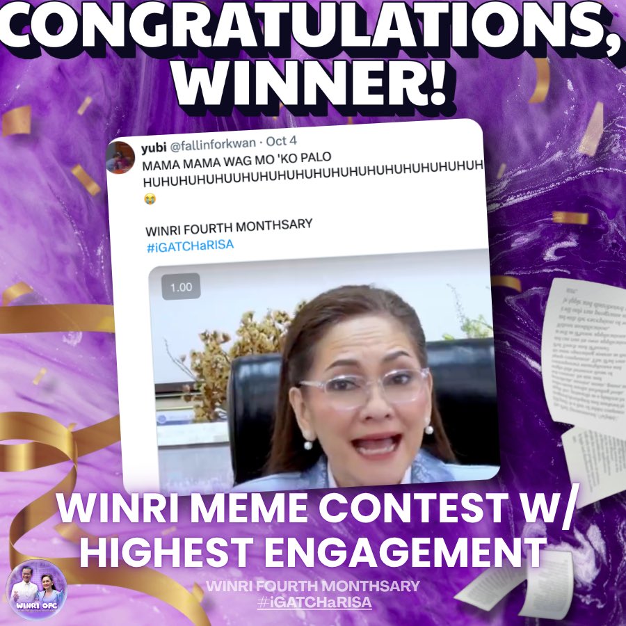WinRiOFC's tweet photo. Congratulations @fallinforkwan, @punk_angelina, and @ellauvae for winning the #WinRi Meme Contest! 💜💜💜

Claim your WINRI SILA NA fans by messaging @heyltsnotkdg_! https://t.co/E8s9J8XEyF