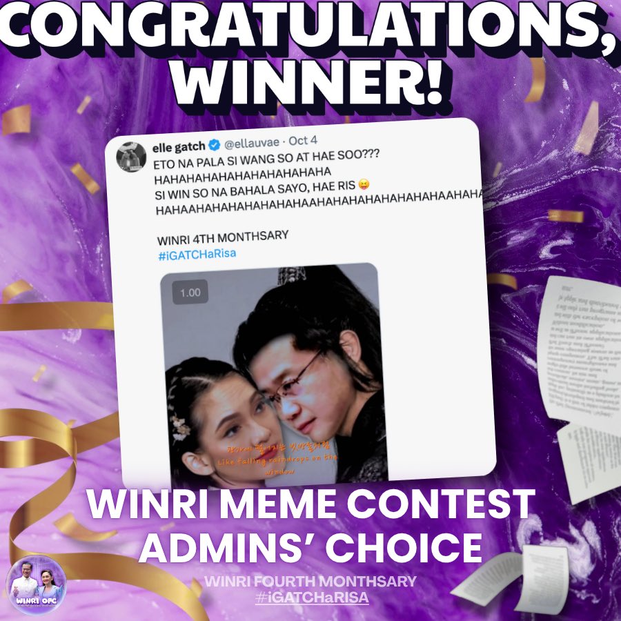 WinRiOFC's tweet photo. Congratulations @fallinforkwan, @punk_angelina, and @ellauvae for winning the #WinRi Meme Contest! 💜💜💜

Claim your WINRI SILA NA fans by messaging @heyltsnotkdg_! https://t.co/E8s9J8XEyF