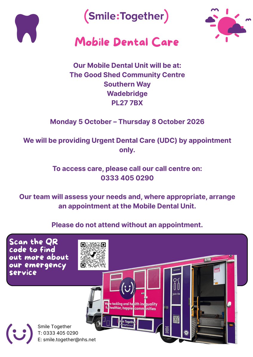 BenMaguireMP's tweet photo. 🚨 🦷 I’m pleased that the SMILE Dental van in is now accepting new Urgent Dental Care (by appointment only!) in Wadebridge.

You can request an appointment with their team by calling 0333 405 0290. https://t.co/s4E1jEZ4gB