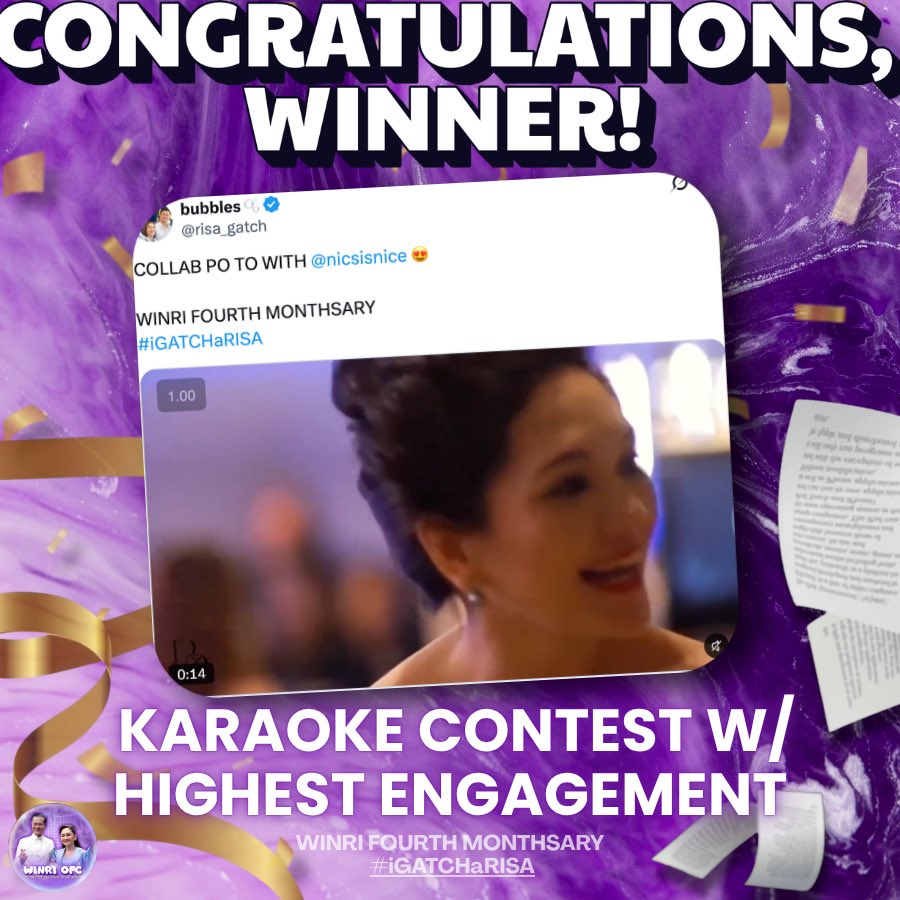 WinRiOFC's tweet photo. Congratulations @theresiaana143 and @risa_gatch for winning the #WinRi Karaoke Contest! 🎤💜

top 1 and top 2 based on engagements

Claim your WINRI SILA NA fan by messaging @heyltsnotkdg_! 💜 (delivery fee to be shouldered by the contest winners) https://t.co/dNdI06YWWc