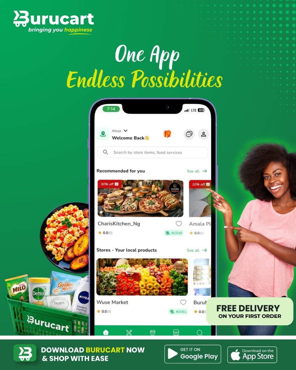 BurucartHQ's tweet photo. You can only WIN with Burucart. 😌💚🛒
From food &amp; groceries to airtime, data &amp; bills, get what you need without the stress.

Abuja, make life easier. Order on Burucart and let us handle the rest. 😉

FREE DELIVERY ON YOUR FIRST ORDER. 

#Burucart #ShopBurucart #Abuja #AbujaLife https://t.co/R44VBbqSow