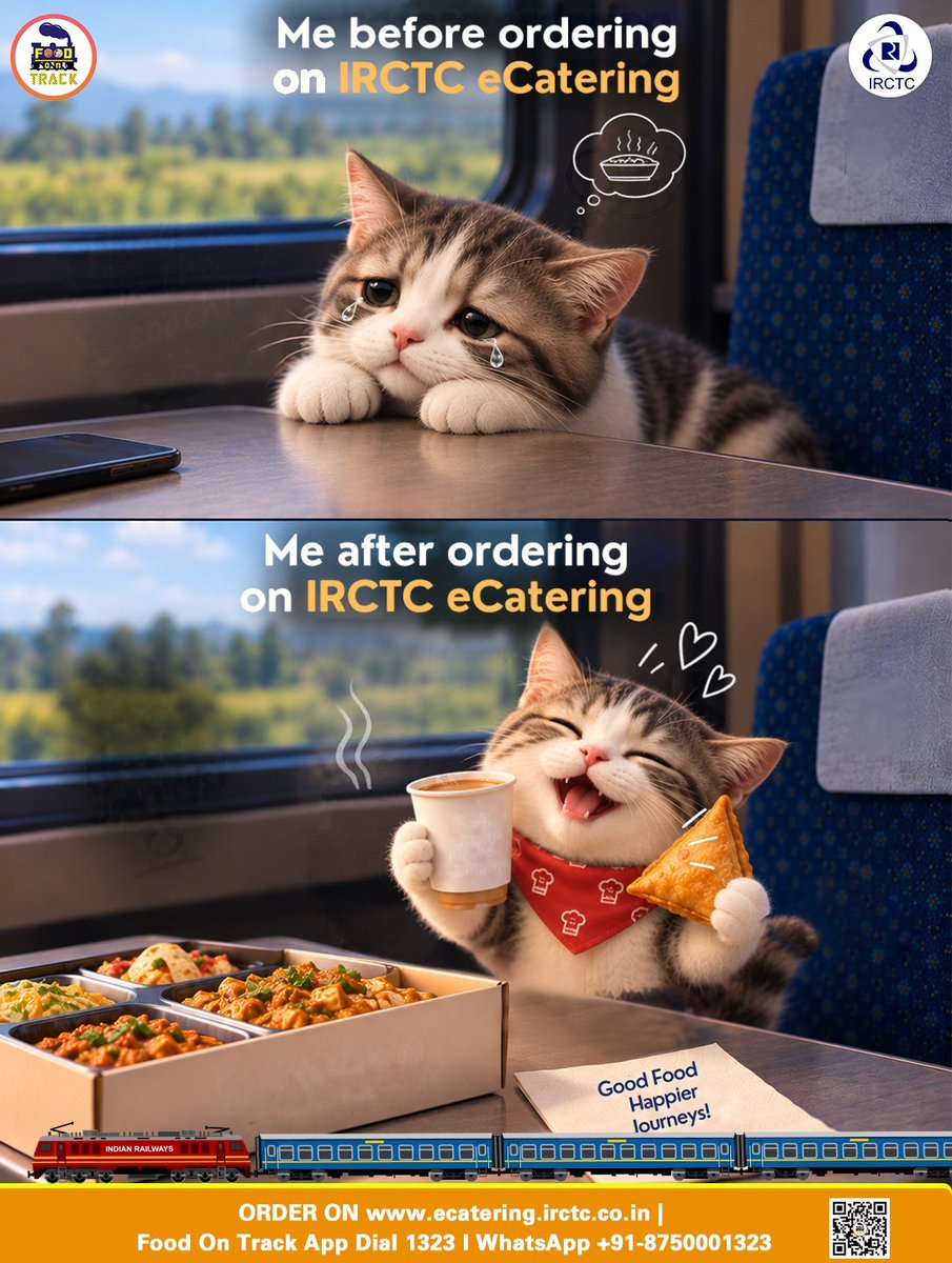 eCateringIRCTC's tweet photo. Some cravings just can’t wait for the next station! From “hungry in the coach” to “happily munching away,” make every mile more delicious with your favourite meals delivered straight to your coach. With IRCTC eCatering, good food is just an order away—because a happy tummy makes every journey better. So, skip the hunger pangs, place your order, sit back, and enjoy the ride. 
IRCTC eCatering — Good Food, Happier Journeys!

🌐 https://t.co/sj0NT7FuMP
📲 Install #FoodOnTrack app
📞 Call 1323
📱 WhatsApp +91-875000132