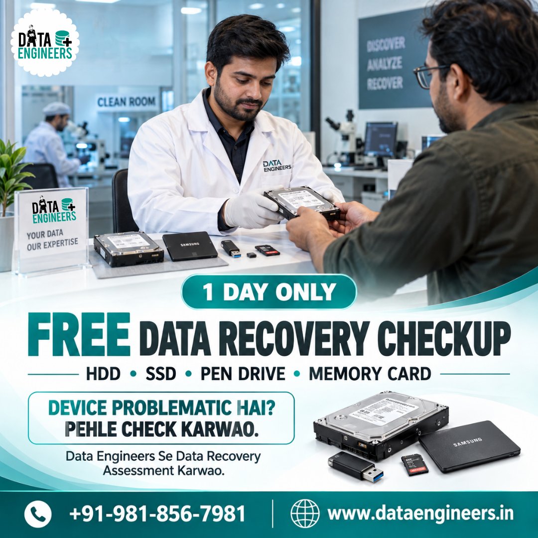 data_engineers's tweet photo. FREE DATA RECOVERY CHECKUP
1 DAY ONLY

📞 +91-981-856-7981
 🌐 https://t.co/QAaPwZmt7R

#DataRecovery #DataRecoveryCheckup #HardDriveRecovery #HDDRecovery #SSDDataRecovery #PenDriveRecovery #MemoryCardRecovery #DataRecoveryServices #DataRecoveryDelhi #DataRecoveryNehruPlace https://t.co/SjlxeApo3t
