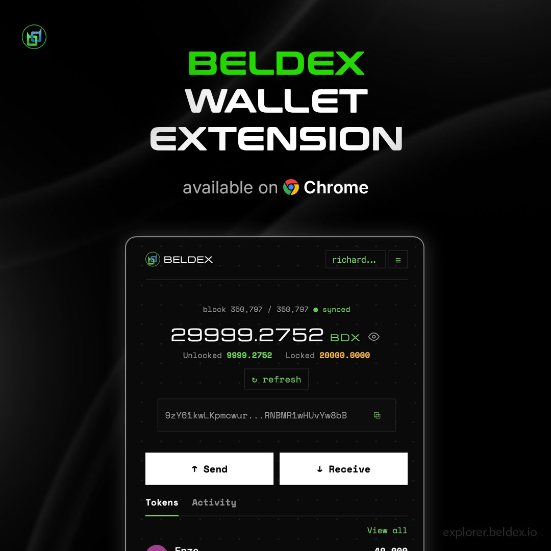 BeldexCoin's tweet photo. Beldex Wallet is now just a click away. 

The Beldex Wallet Extension is now available on Chrome, making it easier to manage your $BDX directly from your browser.

Connect. Manage. Explore.
🔗https://t.co/s2OW2oucxx https://t.co/77kP86Rk7p