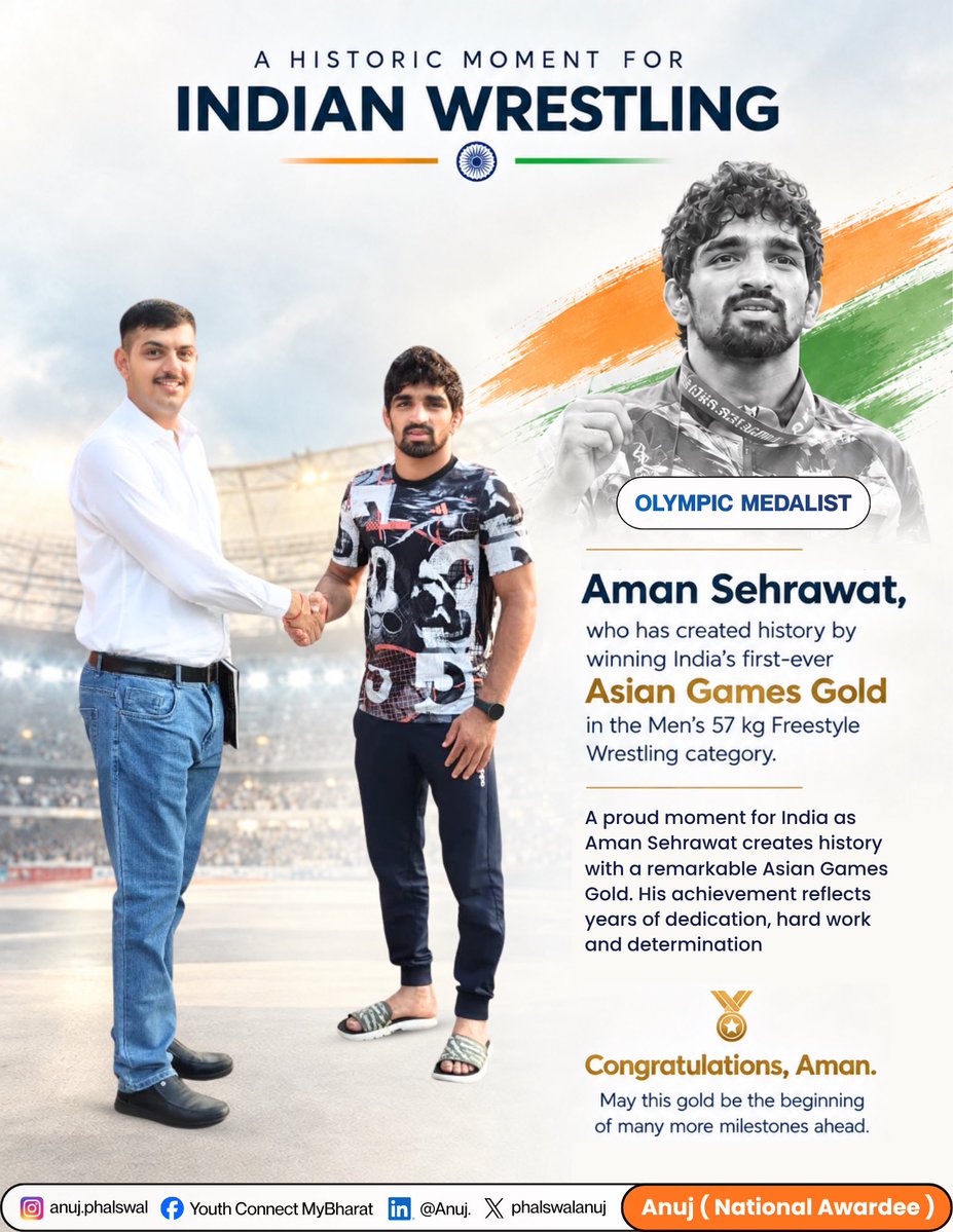 phalswalanuj's tweet photo. A proud moment meeting Aman Sehrawat — a champion whose journey reflects discipline, determination and the fighting spirit of Indian wrestling. 🇮🇳🤼‍♂️

His achievements continue to inspire the next generation to dream bigger and work harder.

Proud of our champion. https://t.co/VCIJWDbLbr