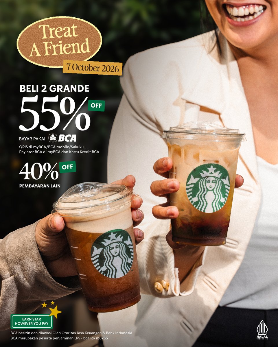 SbuxIndonesia's tweet photo. Midweek treat? Why choose one when you can get two! 👀💚

Udah tau mau order apa hari ini? Lagi pengen coffee atau yang refreshing? Bisa langsung order keduanya dan claim potongan 40% untuk 2 Grande Beverage favorit kamu. And guess what… Kalau bayar pakai BCA, ada extra 15% off lagi. 🤌💥

Syarat & Ketentuan:
• Redeem kupon melalui LINE Starbucks Indonesia.  
• Berlaku untuk 2 handcrafted beverages ukuran Grande.  
• Tidak berlaku untuk Reserve, Protein, Ice Cream, Manual Brew, dan Special Price beverages.  
• Berlaku di seluruh gerai Starbucks Indonesia, termasuk Airport & Dewata.  
• Berlaku untuk semua metode pembayaran; ekstra diskon 15% khusus pembayaran dengan Paylater BCA, Kartu Kredit BCA, dan QRIS BCA di myBCA, BCA Mobile dan Sakuku.
• Add-ons dibayarkan secara full price oleh customers
• Tidak dapat digabungkan dengan promo lainnya.