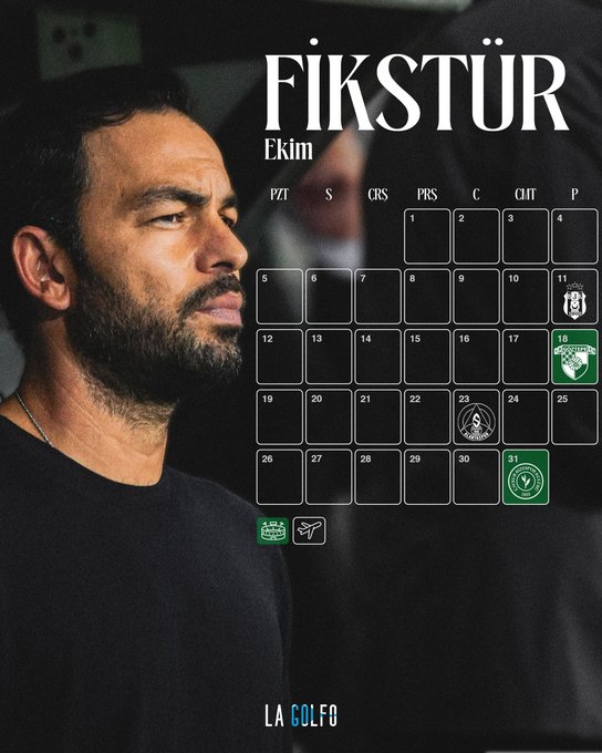 A promotional graphic featuring a bearded man on the left and a calendar for 'FIKSTÜR Ekim' (October) on the right, branded with 'LA GOLFO' and showing football team logos on specific dates.