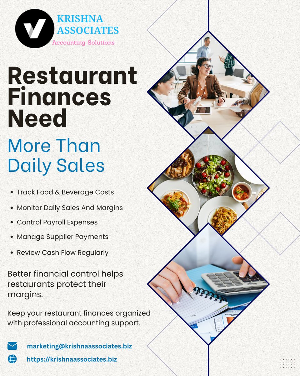 krishnaassoci's tweet photo. Daily sales are only one part of restaurant success. Better financial control means healthier margins, smarter cost management &amp; stronger cash flow. 

Let Krishna Associates help keep your restaurant finances organized. https://t.co/8IfvT7G7HT