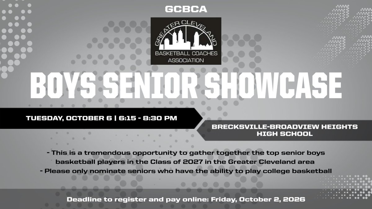 GCBCA_NEOHIO's tweet photo. ATTENTION ALL HIGH SCHOOL AND COLLEGE COACHES

🏀 GCBCA Boys Senior Showcase
🏀 at Brecksville-Broadview Hts HS
🏀 6:15-8:30
🏀 TONIGHT!!!!!!! https://t.co/qgcpgHKKhK