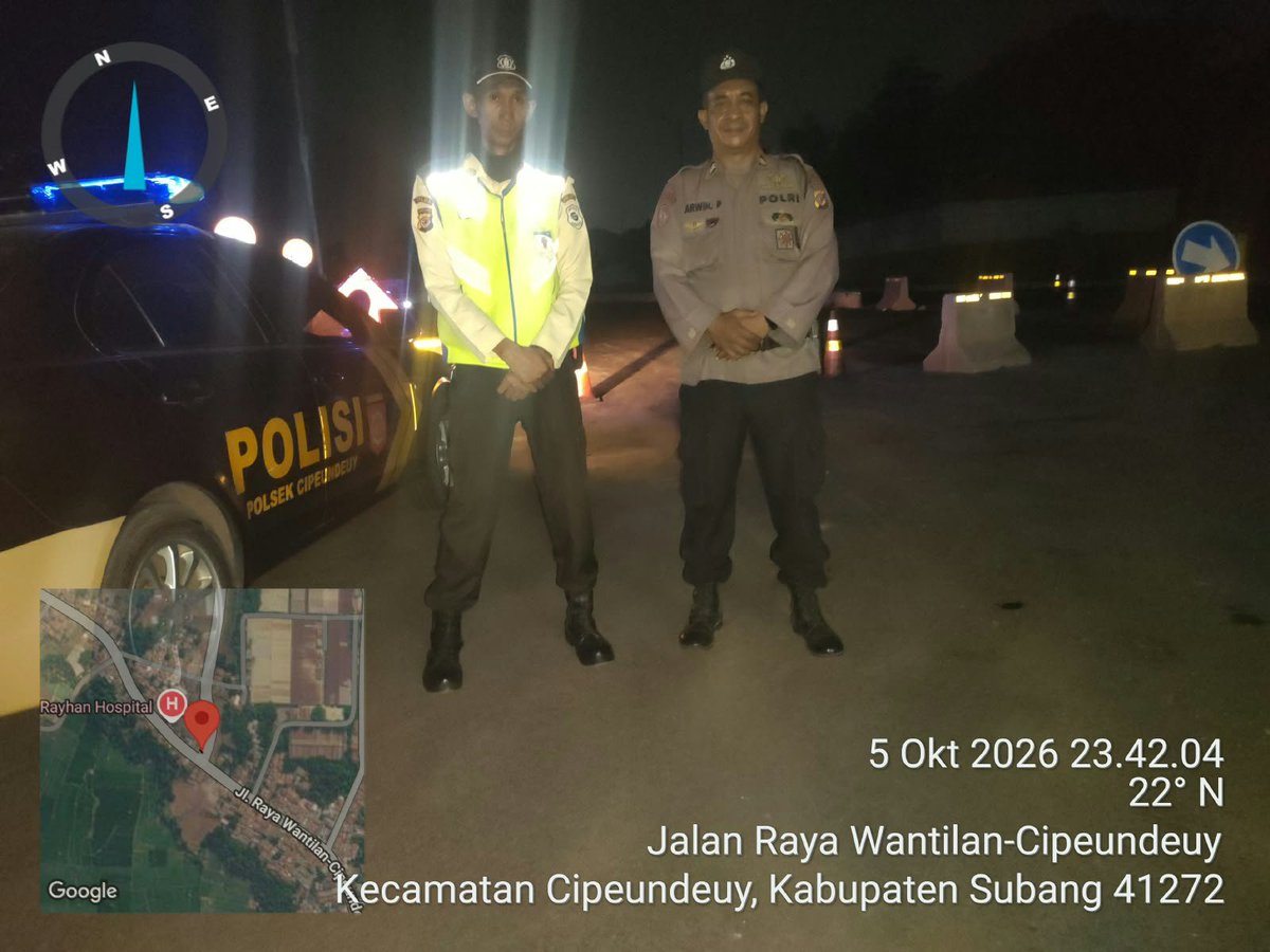 HumassekCpdysbg's tweet photo. Kegiatan Patroli KRYD antisipasi C3 dan gangguan premanisme di Proyek kawasan industri Subang Smartpolitan.

SUBANG, Senin (05/10/26) Anggota Patroli Polsek Cipeundeuy Polres Subang Melaksanakan patroli di proyek kawasan industri Subang Smartpolitan antisipasi gangguan Kamtibmas https://t.co/2ilK8iZ4kn
