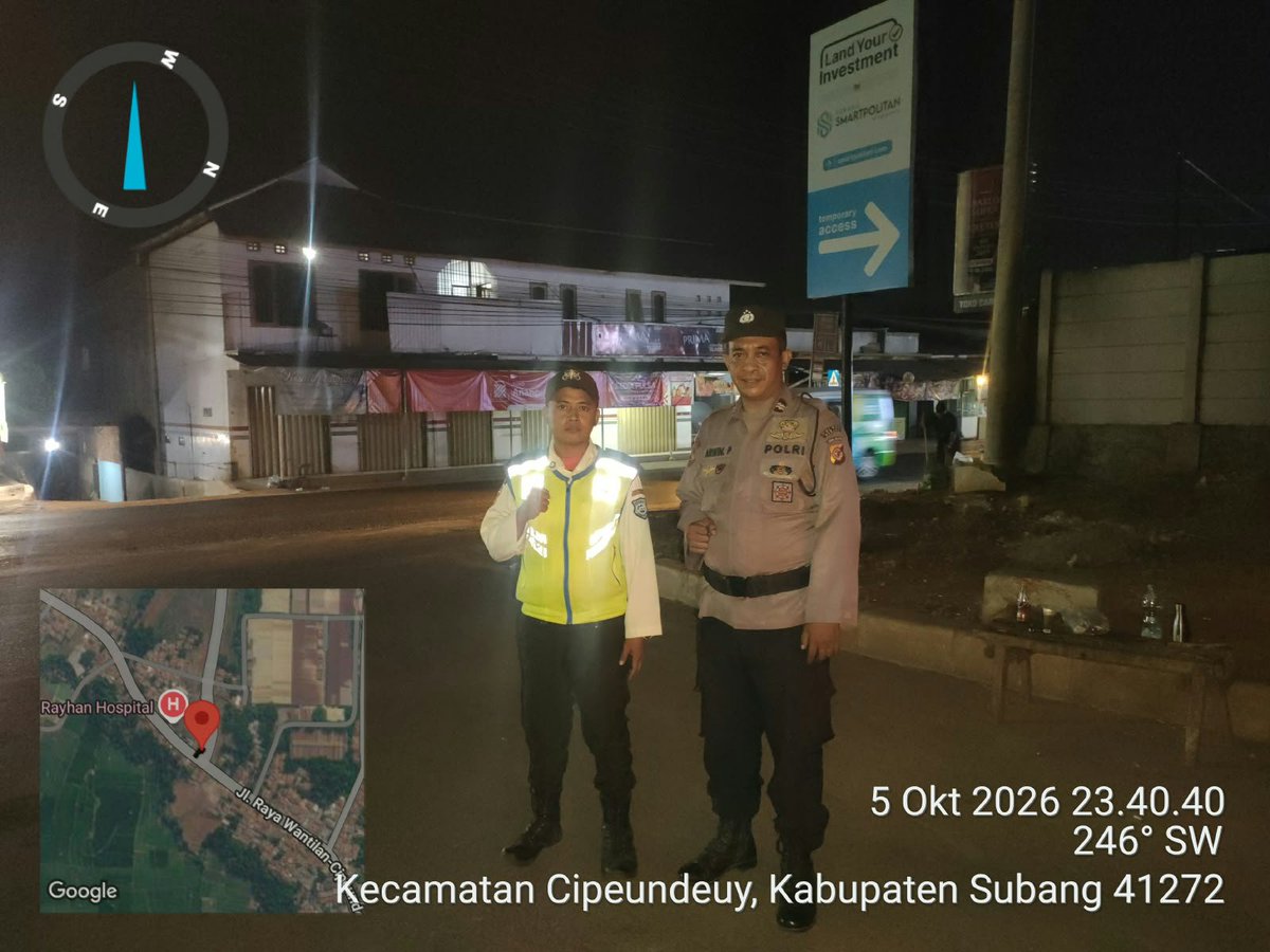 HumassekCpdysbg's tweet photo. Kegiatan Patroli KRYD antisipasi C3 dan gangguan premanisme di Proyek kawasan industri Subang Smartpolitan.

SUBANG, Senin (05/10/26) Anggota Patroli Polsek Cipeundeuy Polres Subang Melaksanakan patroli di proyek kawasan industri Subang Smartpolitan antisipasi gangguan Kamtibmas https://t.co/2ilK8iZ4kn
