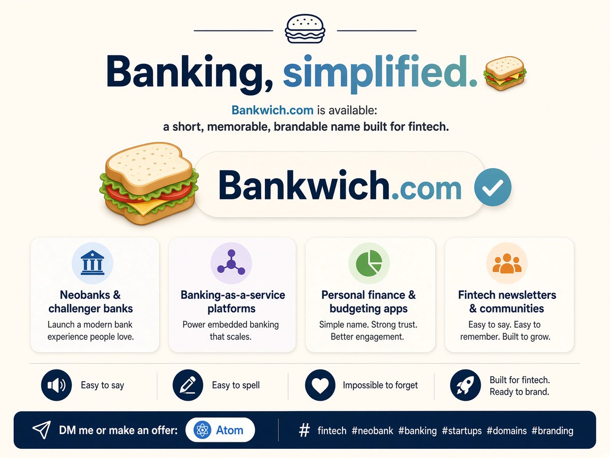 AymaneDomainer's tweet photo. Banking, simplified. 🥪
https://t.co/GdjPD63x48 is available: a short, memorable, brandable name built for fintech.
Ideal for:
• Neobanks & challenger banks
• Banking-as-a-service platforms
• Personal finance & budgeting apps
• Fintech newsletters & communities
Easy to say, easy to spell, impossible to forget.
📩 DM me or make an offer:
#fintech #neobank #banking #startups #domains #branding