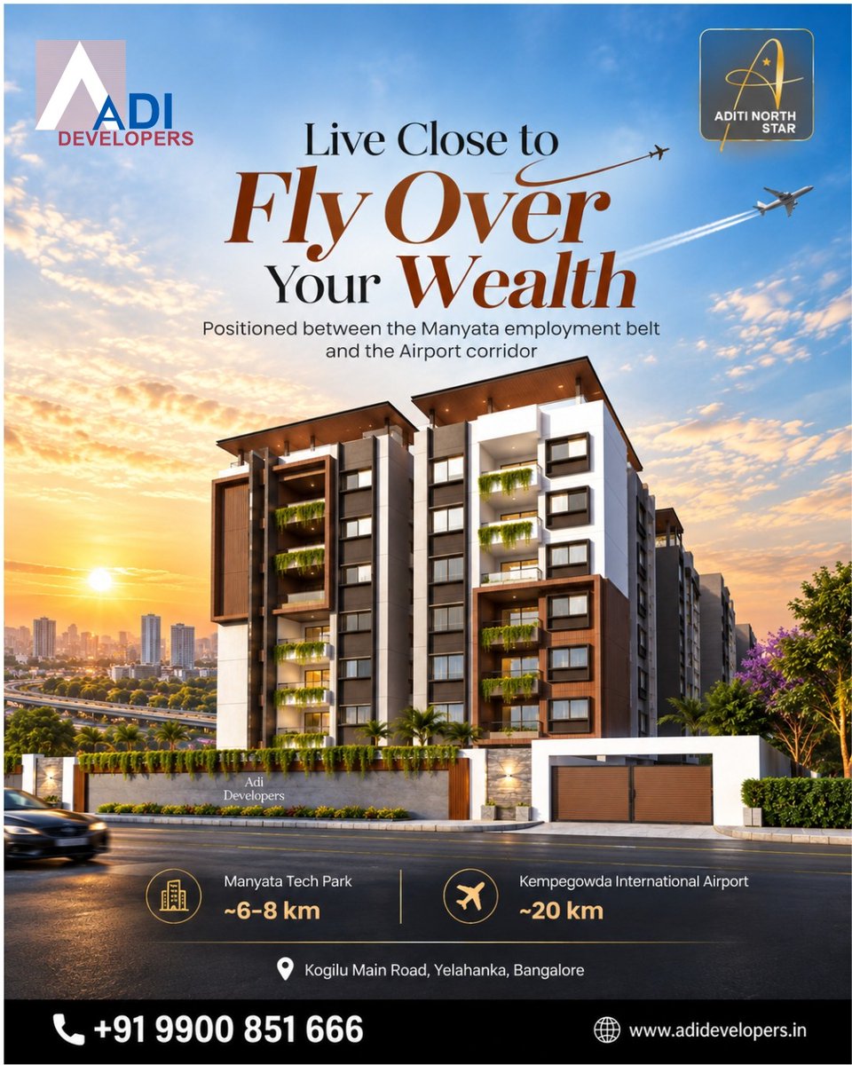 Aditinorthstar's tweet photo. Live close to fly over your wealth! 

✈️🏢   Aditi North Star is perfectly positioned between the Manyata employment belt and the Airport corridor on Kogilu Main Road, Yelahanka. 

  📍 Manyata Tech Park: ~6-8 km
📍 Kempegowda Int'l Airport: ~20 km https://t.co/70OHNi7hek
