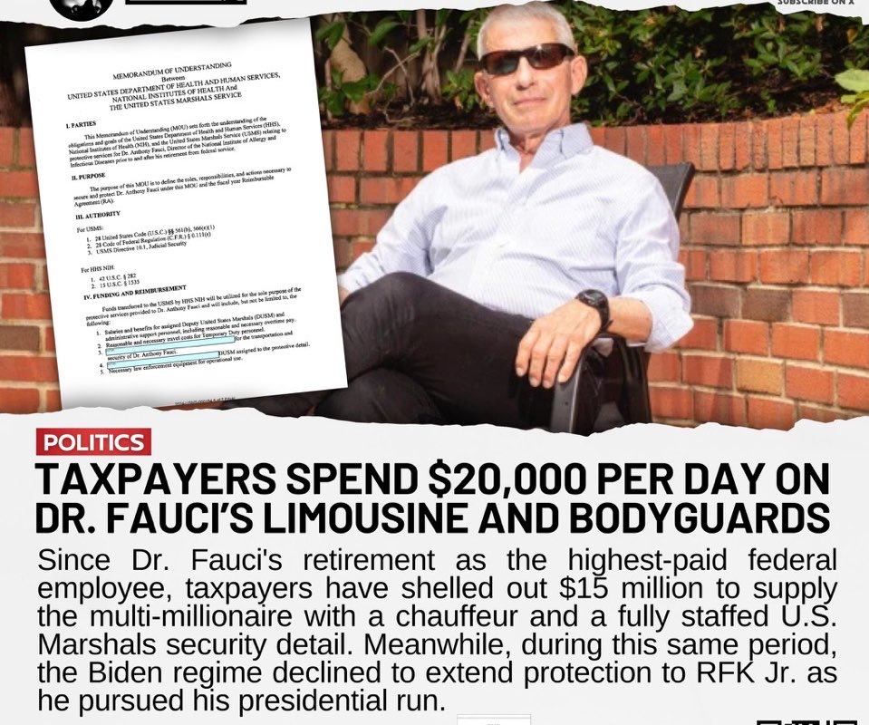 DeepLeaksHQ's tweet photo. OUTRAGE: Would you be shocked to learn that you’re footing a $20,000 daily bill for Dr. Fauci’s personal chauffeur and security detail? Over the last two years, American taxpayers have shelled out a whopping $15 million to maintain the lifestyle to which the "good doctor" has grown quite accustomed. Fauci’s net worth sits comfortably at over $11 million, and he once held the title of highest-paid federal employee at $480,000 per year. In retirement, he draws an impressive $350,000 annually, a figure that surpasses most working Americans’ salaries. He’s also pocketed undisclosed royalties from 37 drug patents, and let’s not overlook the nearly $1 million award from the Dan David Foundation, given - ironically - for “speaking truth to power.” And then there are the book deals and potential movie rights…