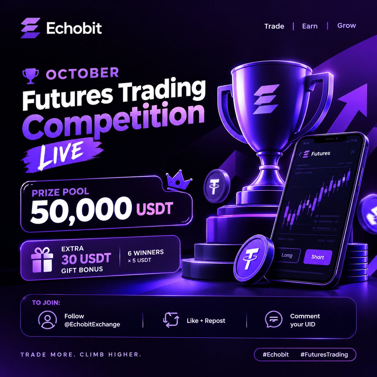 _obojr's tweet photo. If you’re already trading futures this month, you might as well make your trades count.

The @EchobitExchange October Futures Trading Competition is officially LIVE, giving traders a chance to compete for a share of a 50,000 USDT prize pool. 

The concept is simple: trade throughout October, climb the leaderboard, and compete for your share of the rewards.

And there’s an extra reason to join early. Echobit is also giving away 30 USDT in Gift Bonuses, with 6 winners taking 5 USDT each. 

To participate in the giveaway, follow @EchobitExchange, like and repost the campaign post, then drop your UID in the comments.

If you’re already active in futures, this is a solid opportunity to turn your regular trading activity into a chance at additional rewards.

Trade responsibly, stay consistent, and see how high you can climb.

Trade more. Climb higher. 💜

📅 October Futures Trading Competition：Oct 1 – Oct 31, 2026 (UTC+8)
https://t.co/5fwwj2o0Ex…