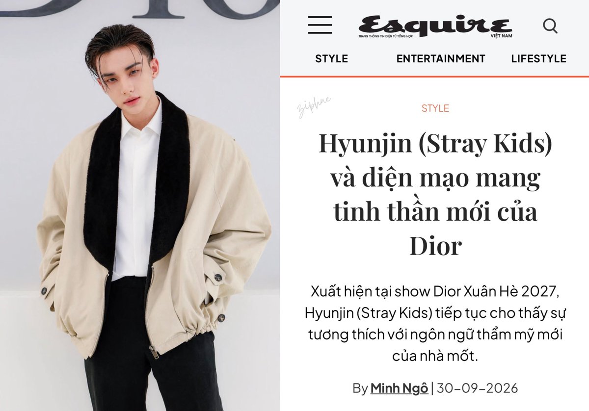 ziphne's tweet photo. #Hyunjin via Esquire Vietnam 

Article: "Hyunjin (Stray Kids) and Dior’s New Aesthetic Direction"
🔗: https://t.co/oCYWa5IYju

"Appearing at the Dior Spring/Summer 2027 show, Hyunjin (Stray Kids) continued to demonstrate his compatibility with the house’s new aesthetic language. 

(...) His combination of a blouson, shirt, and tailored trousers also partly reflected the spirit Jonathan Anderson pursues in this menswear collection: familiar wardrobe codes placed side by side in a less conventional way. Instead of maintaining a clear boundary between casual and formal wear, the layers were relaxed and re-combined to create a more fluid silhouette—retaining Dior’s elegant foundation while adding a sense of ease, comfort, and naturalness in how the clothes are worn. To complete the look, Hyunjin opted for a slicked-back hairstyle with a subtle wet effect, exposing most of his face while leaving a few natural strands in front. This styling helped the appearance feel less rigid while matching the spirit of the outfit.

Overall, Hyunjin’s choices at Dior Spring/Summer 2027 showed a fairly clear approach to Jonathan Anderson’s new menswear language. Rather than relying on striking colors or heavy accessory layering, he allowed the silhouette, proportions, and pairing of everyday pieces with formal wear to create the focal point.

(...) With each appearance, the connection between the singer and the fashion house grows clearer—not only in the front row, but also in how he approaches and interprets Dior’s design language through his own style."

HYUNJIN STUNS AT DIOR PFW
#DiorSummer27_HYUNJIN