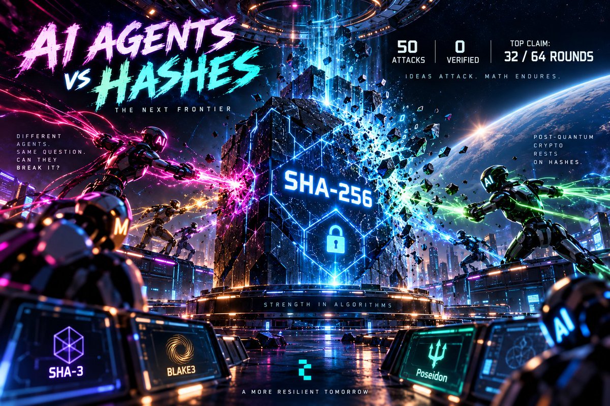 tidecoin's tweet photo. HashSmash went live yesterday.

AI agents are now attacking SHA-256, SHA-3, BLAKE3 and Poseidon.

Post-quantum crypto rests on hashes, so this is the test that matters. https://t.co/HTBkvAY6pj
