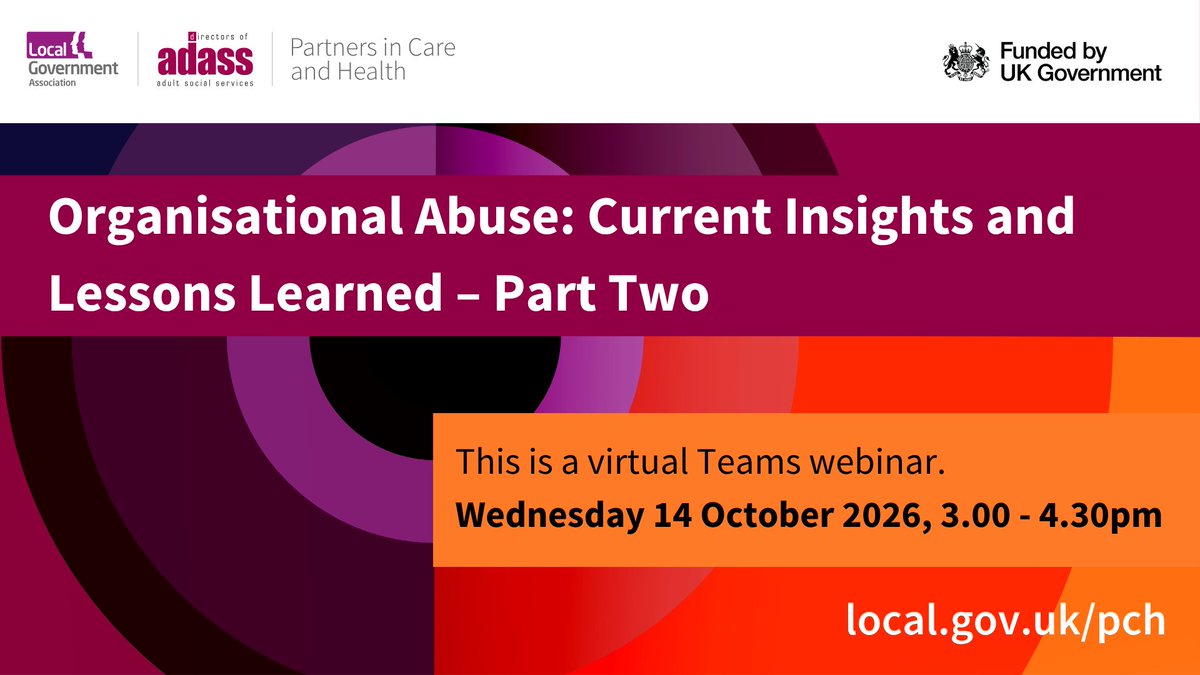 ptnrscarehealth's tweet photo. Join us to explore practical responses to organisational abuse, local action and how learning is being applied in practice. You can still attend if you missed Part One.
Register now: https://t.co/QhTPt7DDLM
#OrganisationalAbuse #Education #LGA #ADASS #ADCS #LocalGov https://t.co/Z3tsPPALSo