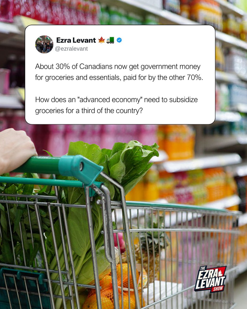 ezralevant's tweet photo. 12.1 million Canadians got the one-time grocery payment in June.

That's the Canada Groceries and Essentials Benefit. 
The average cheque was $252.

In July the GST credit went up 25 per cent for five years. About 12.5 million people get it.

The total cost is $12.4 billion through 2031, according to the Parliamentary Budget Officer.

Ottawa calls it relief.

A country that has to top up grocery money for nearly a third of its people is admitting the problem.