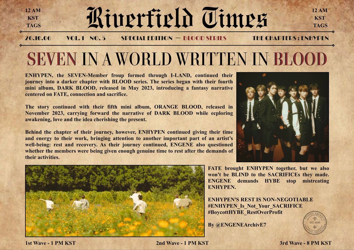 Enhyfju's tweet photo. ✩OT7 ENGENE'S✩

—LAST WAVE IS LIVE‼️

FATE brought ENHYPEN together, but we also won't be BLIND to the SACRIFICEs they made. ENGENE demands HYBE stop mistreating ENHYPEN.

ENHYPEN'S REST IS NON-NEGOTIABLE
#ENHYPEN_Is_Not_Your_SACRIFICE #BoycottHYBE_RestOverProfit https://t.co/m7b8CTBJ4G