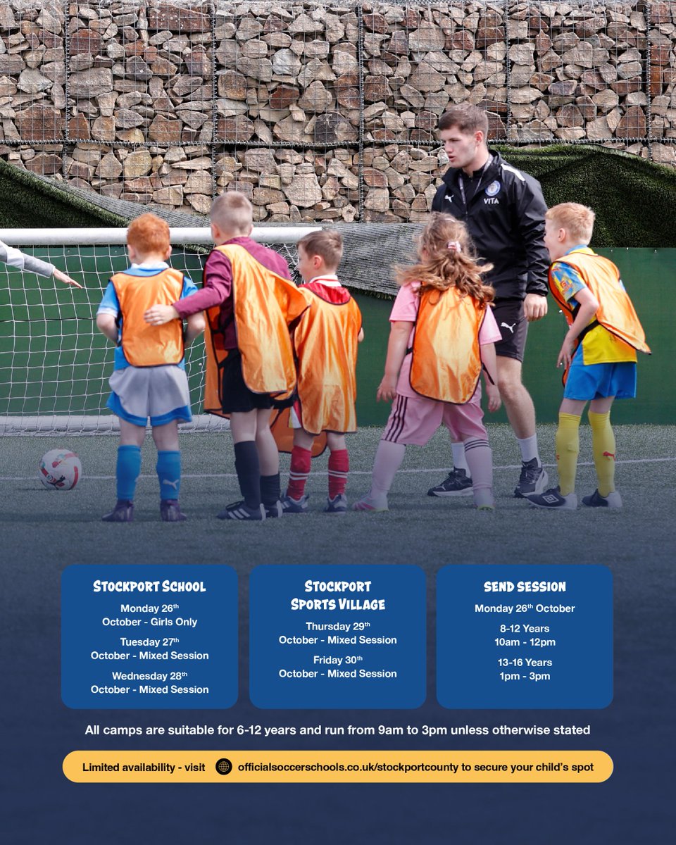 SCFCCommunity's tweet photo. County Camps are back! ⚽️💙

There's still space for your child this October half-term. 🎃

✍️ Book now at https://t.co/CdFcL7xTiB before it's gone. 

#SCCT #StockportCounty https://t.co/Fd1xPYF3aO