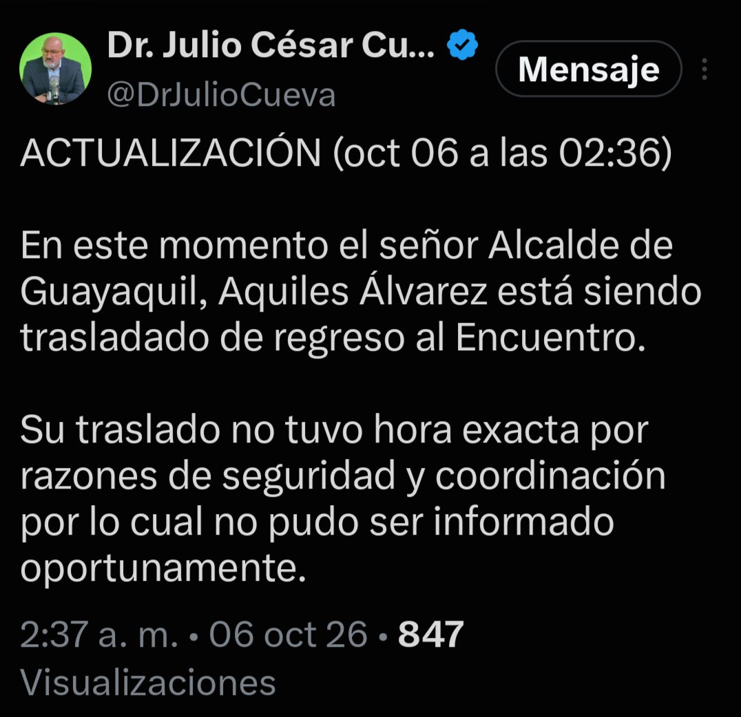 ecuainm_oficial's tweet photo. ‼️#URGENTE
Julio César Cueva, abogado de Aquiles Alvarez, informó a las 02:36 de este martes 6 de octubre que el alcalde de Guayaquil estaba siendo trasladado de regreso a la cárcel del Encuentro. Explicó que el traslado no tuvo una hora exacta por razones de seguridad y coordinación, por lo que no pudo informarlo oportunamente.
DG