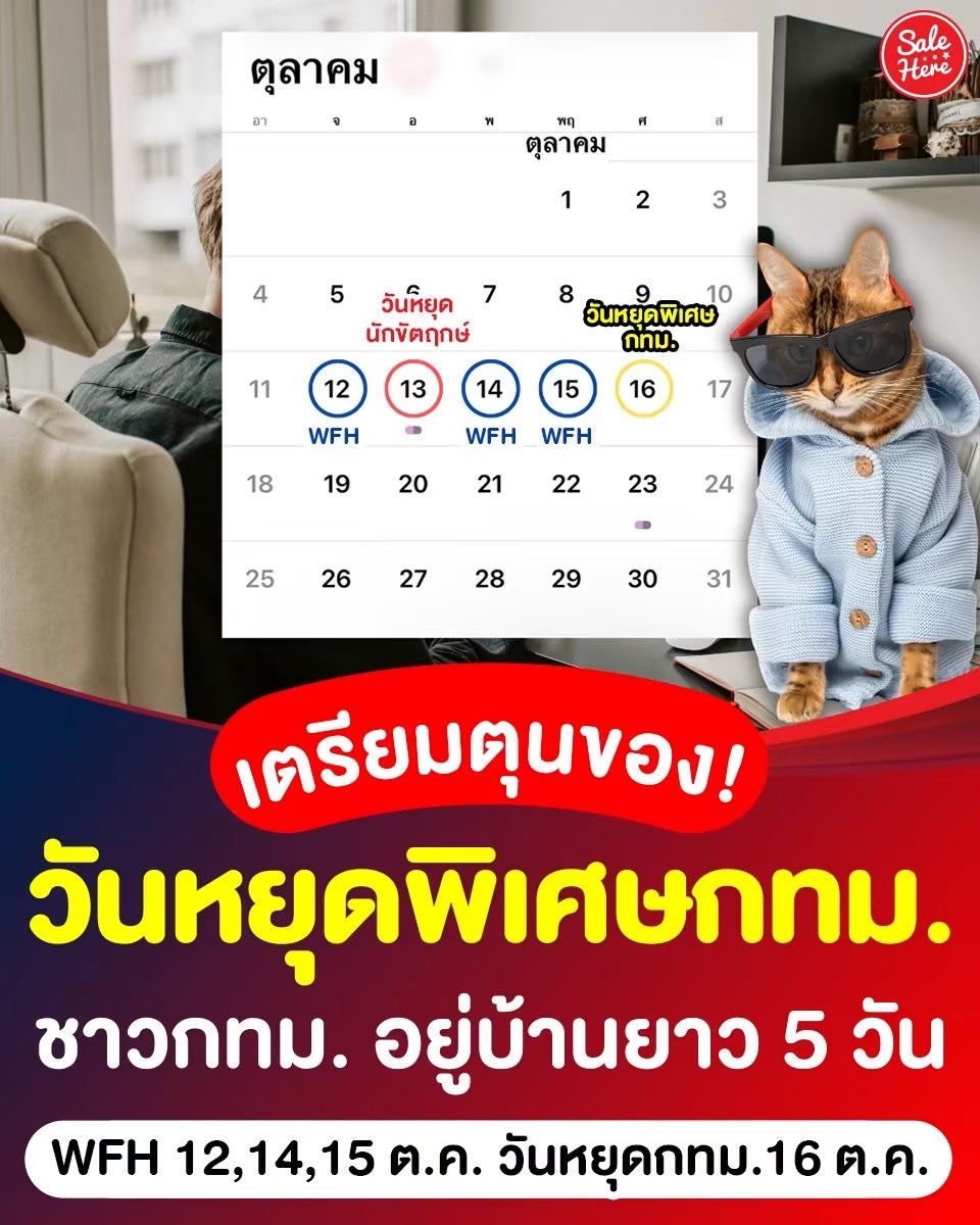 salehere1's tweet photo. 📣 ถูกใจคนชอบอยู่บ้าน! 📆👩🏻‍💻 ประกาศแล้ววันที่ 16 ต.ค. 69 เป็นวันหยุดพิเศษ กทม. ⏰ พร้อมสั่ง WFH 3 วัน ได้แก่ วันที่ 12 14 15 ต.ค. 69 เพื่อบรรเทาการจราจรช่วงประชุมใหญ่ธนาคารโลก - IMF 🚘 ระหว่างวันที่ 12 - 18 ต.ค. 69 ณ ศูนย์การประชุมแห่งชาติสิริกิติ์ การประชุมใหญ่ธนาคารโลก คาดว่าจะมีผู้เข้าประชุมจาก 190 ประเทศ ซึ่งอาจจะเกิดจราจรติดขัดอย่างมาก 🚦 ใครที่ต้องเดินทางไปทำงานอย่าลืมวางแผนกันให้ดีด้วยนะ 

📆 สัปดาห์ที่คนกทม. อยู่บ้านยาว
🏠 12 ต.ค.  WFH
✈️ 13 ต.ค. วันหยุดนักขัตฤกษ์ (วันคล้ายวันสวรรคต ร.9) 
🏠 14 ต.ค. WFH
🏠 15 ต.ค. WFH
💼 16 ต.ค. วันหยุดพิเศษกทม.

🙏🏻 ขอบคุณข้อมูลจาก >> ธนาคารแห่งประเทศไทย - Bank of Thailand

#SaleHere #เซลเฮียร์ #วันหยุดพิเศษกทม #ตุลาคม