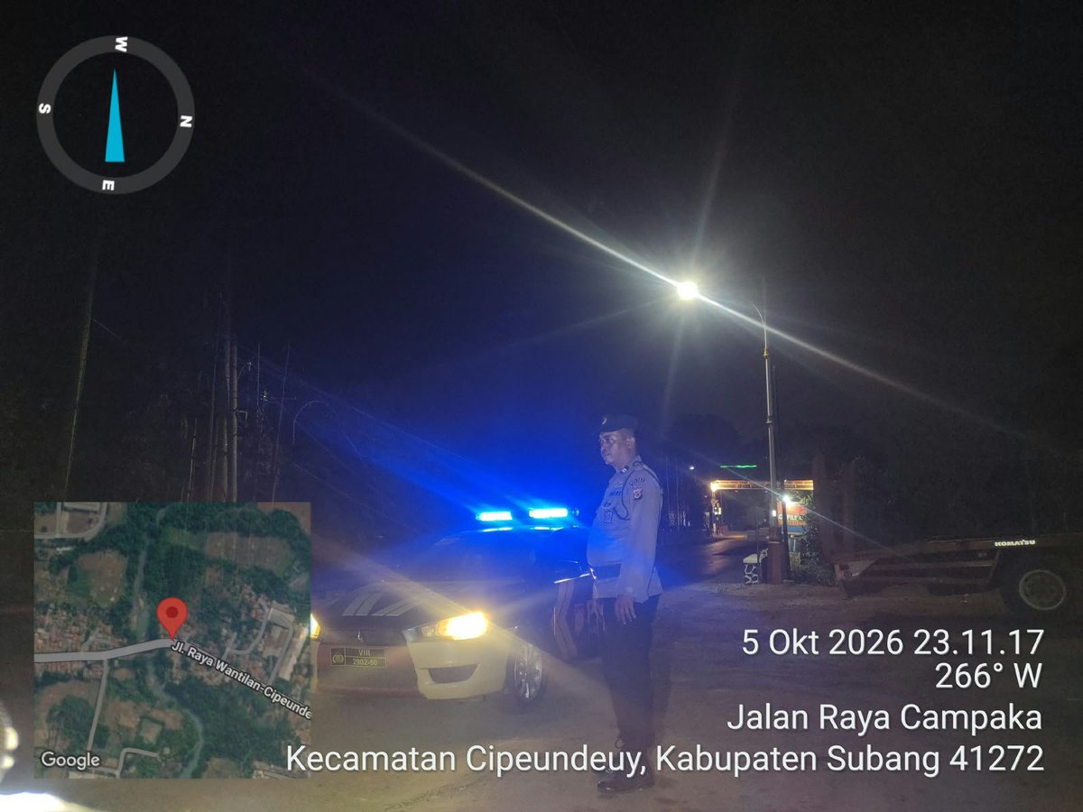 HumassekCpdysbg's tweet photo. Kegiatan Patroli KRYD ke tempat kerawanan gangguan Kamtibmas.

SUBANG, Senin (05/10/26) Personil Patroli Samapta Polsek Cipeundeuy laksanakan Patroli ke tempat rawan gangguan Kamtibmas antisipasi balapan liar, geng motor dan tawuran. https://t.co/LKywaEPkCA