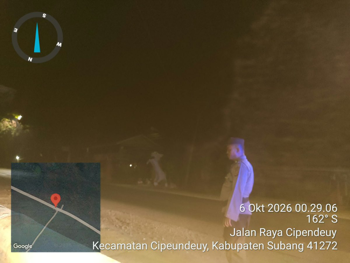 HumassekCpdysbg's tweet photo. Kegiatan Patroli KRYD ke tempat kerawanan gangguan Kamtibmas.

SUBANG, Senin (05/10/26) Personil Patroli Samapta Polsek Cipeundeuy laksanakan Patroli ke tempat rawan gangguan Kamtibmas antisipasi balapan liar, geng motor dan tawuran. https://t.co/LKywaEPkCA
