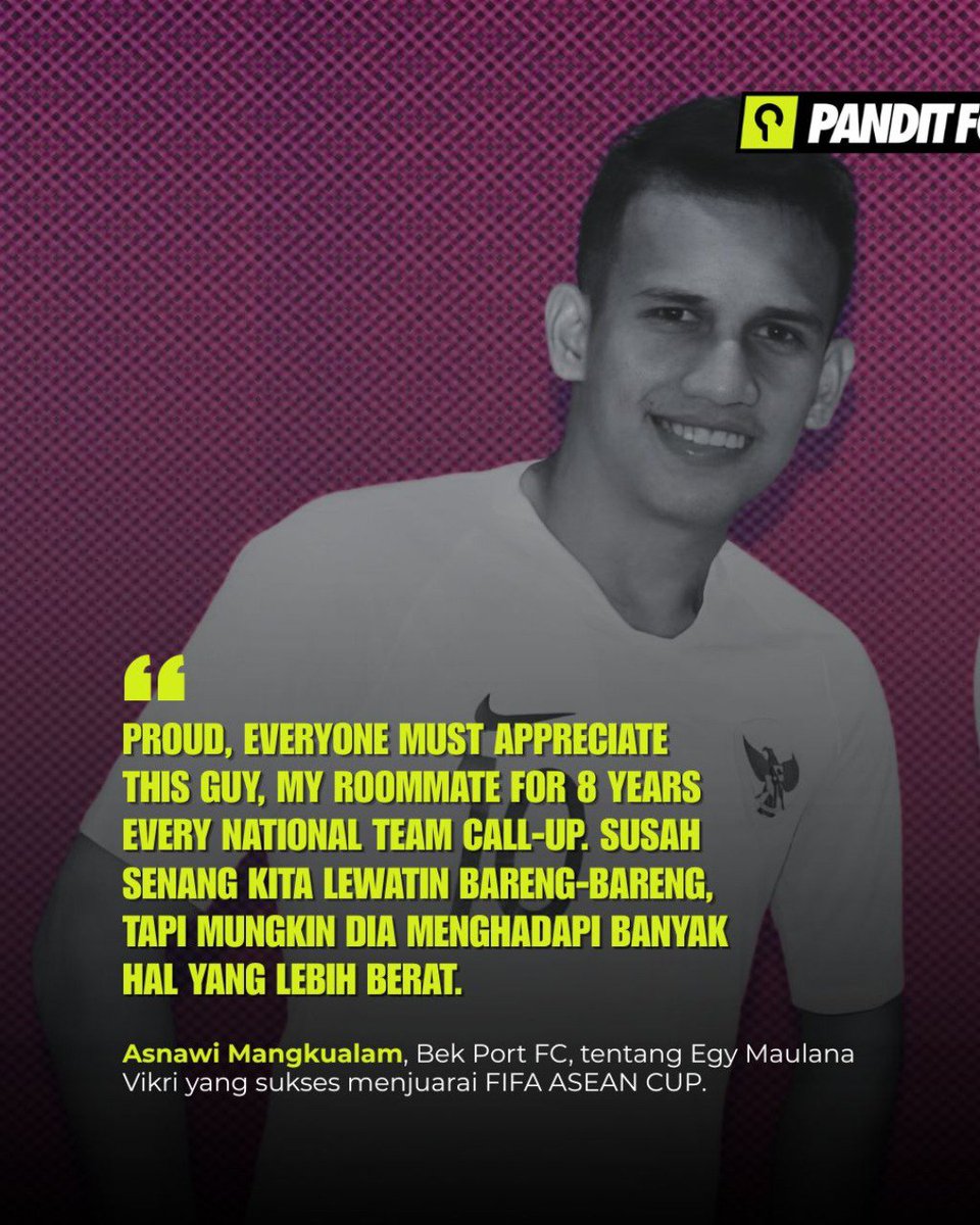 panditfootball's tweet photo. Asnawi Mangkualam Bahar menuliskan pesan emosional untuk rekannya Egy Maulana Vikri yang berhasil membawa Indonesia meraih gelar FIFA ASEAN Cup 2026.

Asnawi mengajak suporter untuk memberikan apresiasi yang layak untuk Egy setelah kontribusinya untuk timnas. 

Egy, you finally got what you deserved! 🏆
