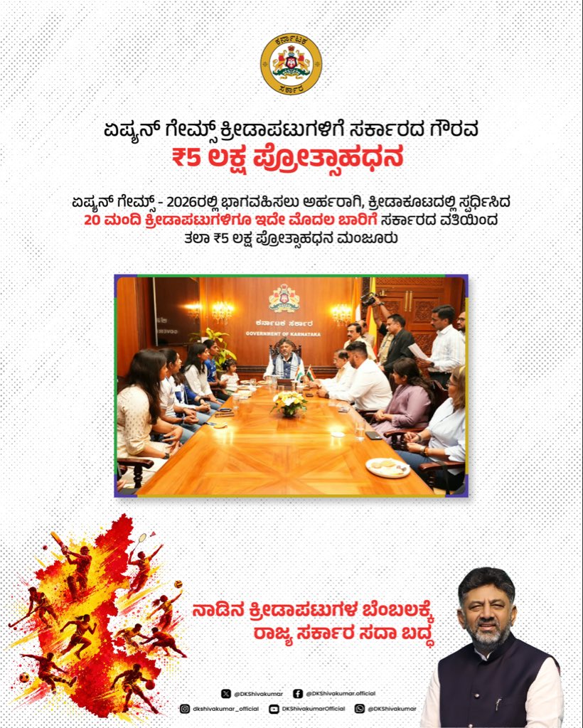 DKShivakumar's tweet photo. ಏಷ್ಯನ್ ಗೇಮ್ಸ್-2026ರ ಕ್ರೀಡಾ ಸಾಧಕರಿಗೆ ಕರ್ನಾಟಕ ಸರ್ಕಾರದಿಂದ ಐತಿಹಾಸಿಕ ಬೆಂಬಲ

ಪದಕ ವಿಜೇತರ ನಗದು ಪುರಸ್ಕಾರವನ್ನು ಹೆಚ್ಚಿಸಲಾಗಿದ್ದು, ಚಿನ್ನದ ಪದಕ ಗೆದ್ದವರಿಗೆ ₹1 ಕೋಟಿ, ಬೆಳ್ಳಿ ವಿಜೇತರಿಗೆ ₹75 ಲಕ್ಷ ಹಾಗೂ ಕಂಚಿನ ಪದಕ ಗಳಿಸಿದವರಿಗೆ  ₹50 ಲಕ್ಷ ಘೋಷಿಸಲಾಗಿದೆ. ಇದೇ ಮೊದಲ ಬಾರಿಗೆ ಕ್ರೀಡಾಕೂಟದಲ್ಲಿ ಸ್ಪರ್ಧಿಸಿದ ಎಲ್ಲಾ 20 ಕ್ರೀಡಾಪಟುಗಳಿಗೂ ತಲಾ ₹5 ಲಕ್ಷ ಮತ್ತು ಒಲಿಂಪಿಕ್  ಕ್ರೀಡಾಕೂಟಕ್ಕೆ ಆಯ್ಕೆಯಾದವರಿಗೆ ತರಬೇತಿಗಾಗಿ ತಲಾ ₹10 ಲಕ್ಷ ಪ್ರೋತ್ಸಾಹಧನವನ್ನು ಸರ್ಕಾರ ಮಂಜೂರು ಮಾಡಿದೆ.