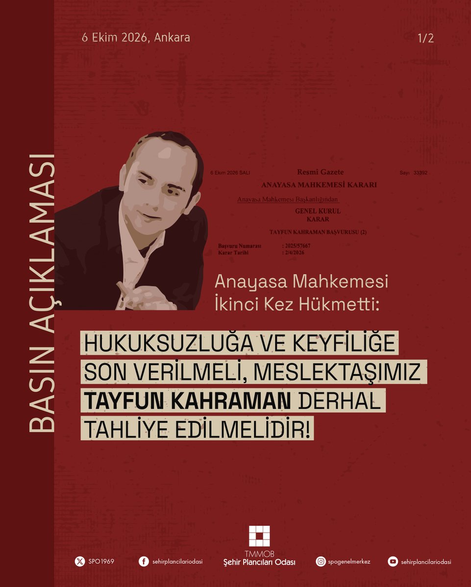 SPO1969's tweet photo. Anayasa Mahkemesi İkinci Kez Hükmetti: Hukuksuzluğa Ve Keyfiliğe Son Verilmeli, Meslektaşımız Tayfun Kahraman Derhal Tahliye Edilmelidir! https://t.co/bNAzjBixZP