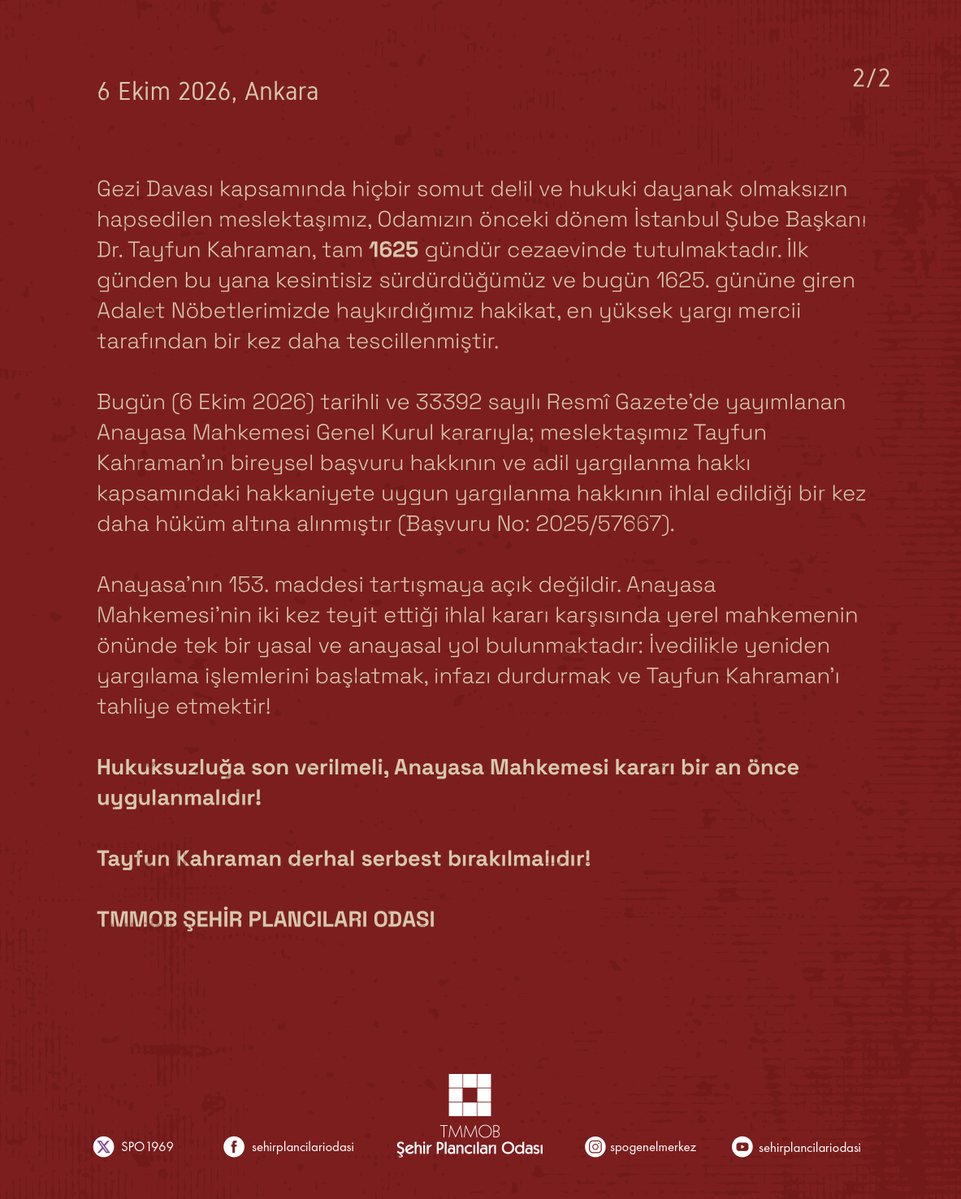 SPO1969's tweet photo. Anayasa Mahkemesi İkinci Kez Hükmetti: Hukuksuzluğa Ve Keyfiliğe Son Verilmeli, Meslektaşımız Tayfun Kahraman Derhal Tahliye Edilmelidir! https://t.co/bNAzjBixZP
