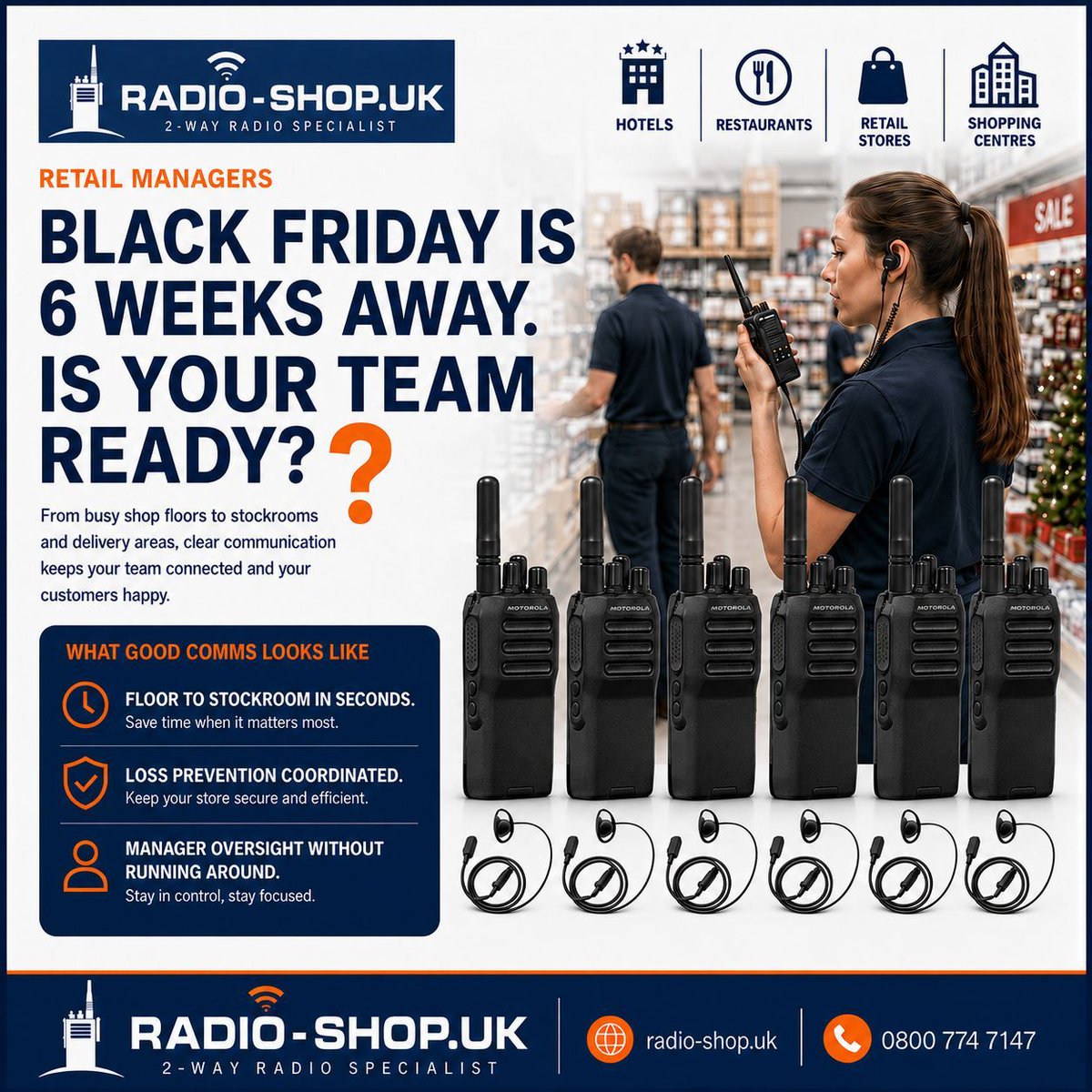 Radioshopuk's tweet photo. Retail tip for peak season:
Stop using personal mobiles on the shop floor. It looks unprofessional and it's slow.
Radios = instant, simultaneous, always-on communication.
Sort it before Black Friday 👇
https://t.co/PpTrU4rcCl
#RetailUK #BlackFriday #TwoWayRadio #RetailManagement https://t.co/CMhBiC3SSu