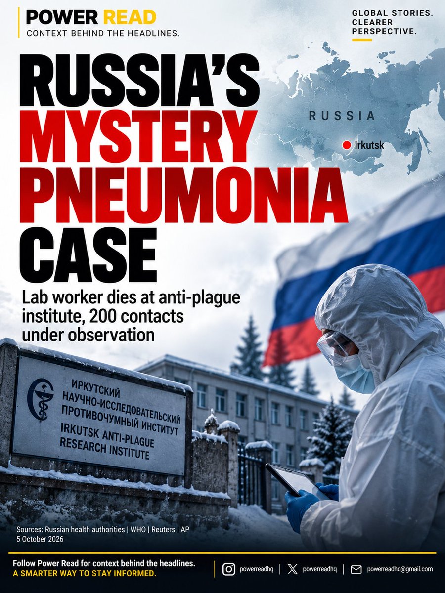 Powerreadhq's tweet photo. 🇷🇺🦠 RUSSIA’S MYSTERY PNEUMONIA CASE
A 28-year-old worker at an anti-plague research institute in Siberia has died after developing severe pneumonia of unknown origin.
Around 200 contacts are under medical observation.
Rumours suggest pneumonic plague — but Russia has not confirmed plague and says it found no evidence of a laboratory accident.
WHO says the current public-health risk appears low.
🔎 The key question: What actually caused the illness — and will any additional cases emerge?
Sources: Russian health authorities | WHO | Reuters | AP
#Russia #PublicHealth #Plague #GlobalHealth #PowerRead