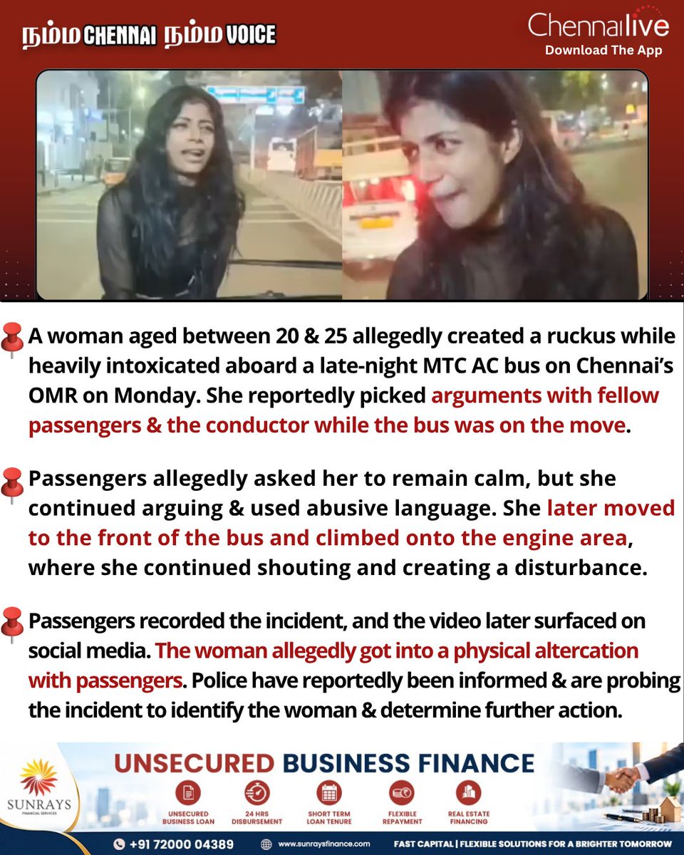 chennailive1048's tweet photo. A woman aged between 20 & 25 allegedly created a ruckus while heavily intoxicated aboard a late-night MTC AC bus on Chennai’s OMR on Monday.
#news #chennai #mtcbus #drunk #chennailive https://t.co/j4Eg2pawcv