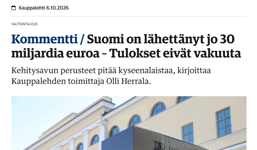 JukkaLepikko's tweet photo. 30 000 miljoonaa on aika paljon rahaa antaa pois, kun oma talous on kuralla.

"Brittiläinen ekonomisti Peter Bauer on sanonut, että kehitysapu on sitä, kun rikkaan maan köyhät lähettävät rahaa köyhän maan rikkaille. Ehkä näinkin, ja vielä oudommaksi kuvion tekee se, että Suomi ottaa velkaa jakaakseen rahaa ulkomaille.

Me suomalaiset velkaannumme ja rikomme EU:n perussopimuksia 90 prosentin velkasuhteella. Olemme rakentaneet velalla koko maailman mitassa massiivisen julkisen sektorin, jonka tehtäviin kuuluu myös rahan lähettäminen ulkomaille.

Ei näköjään riitä, että rakennamme tukiriippuvuutta Suomessa. Tukiriippuvuudesta on kehitysavun ansiosta tehty vientituote.

Kun Suomi lähettää rahaa Afrikkaan, se ei lisää oma-aloitteisuutta ja vähennä uuden tuen tarvetta. Kaupan päälle saamme maahanmuuttajia, jotka tulevat etsimään kehitysapua sen alkulähteiltä.

Tätä monin tavoin hölmöä näytelmää kuvaa sambialainen ekonomisti Dambisa Moyo: tukiriippuvuudella tuhotaan myönteinen kehitys, koska se korruptoi paikalliset markkinat.

Moyon mukaan kehitysapu vahingoittaa Afrikkaa, joten se pitäisi poistaa. Kannettu vesi kun ei kaivossa pysy."