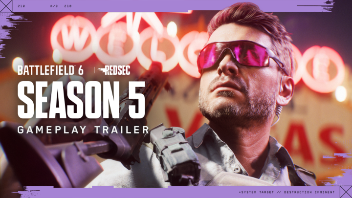 Promotional image for 'Battlefield 6 REDSEC Season 5 Gameplay Trailer' featuring a man in red sunglasses holding a weapon, with neon signage in the background and 'SYSTEM TARGET // DESTRUCTION IMMINENT' text.