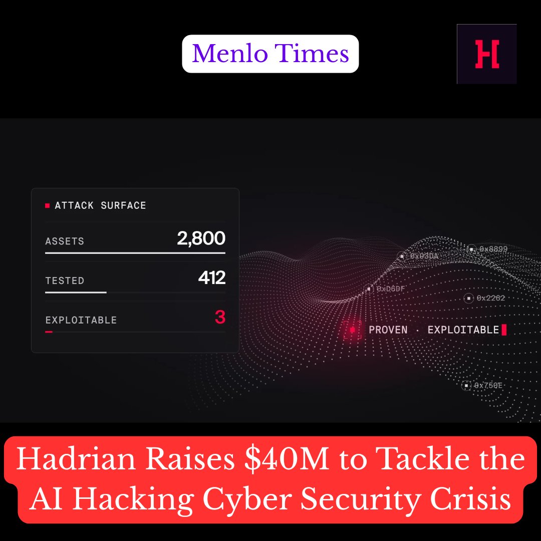 menlotimes's tweet photo. Hadrian Raises $40M to Tackle the AI Hacking Cyber Security Crisis.

Hadrian, the agentic AI offensive security platform, led by Rogier Fischer, Maurice Clin, and Olivier Beg, has announced a $40 million funding round co-led by Forgepoint Capital @forgepointcap International and SmartFin, with participation from existing investors HV Capital @HV_Capital, Motive Partners @motive_partners, Picus Capital @picuscap, and Oetker Ventures, bringing the total funding to $65M.

Read More At: https://t.co/nZlJQUaPEs